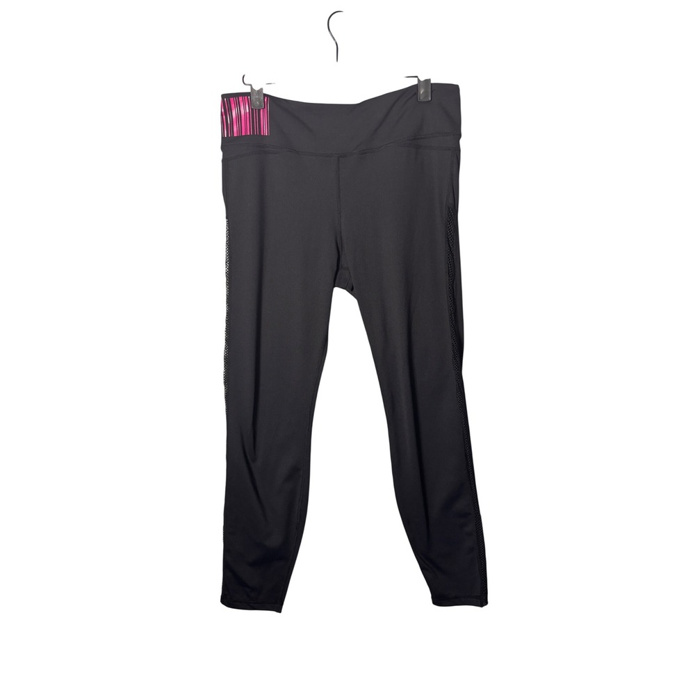 The Barre Code Womens Leggings Large Black Mesh Side Stripe Pink Graphic Sporty